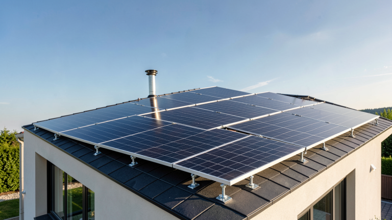 panneaux photovoltaïques noirs installés sur le toit d'une maison moderne, avec détails des cellules solaires et des fixations