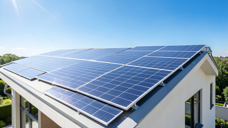 panneaux photovoltaïques qcells installés sur la toiture d'une habitation moderne sous un soleil radieux