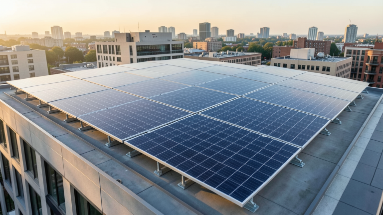 panneaux photovoltaïques recyclables installés sur le toit d'un bâtiment urbain moderne