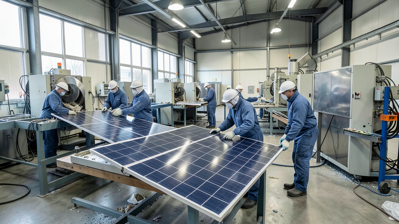 panneaux photovoltaïques en cours de recyclage dans une usine moderne avec processus étape par étape