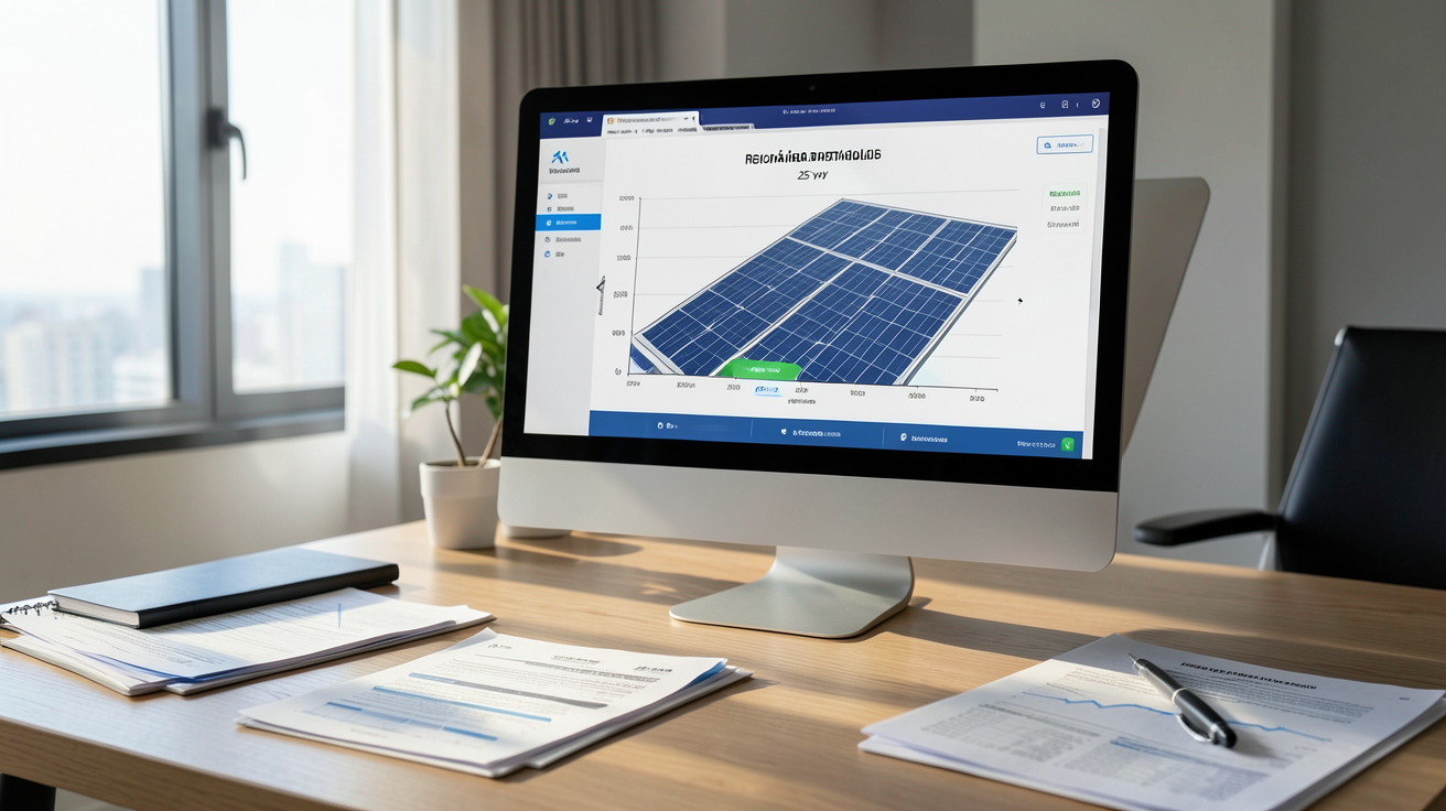 panneaux photovoltaïques calculateur de rentabilité sur 25 ans affiché sur un écran d'ordinateur dans un bureau moderne