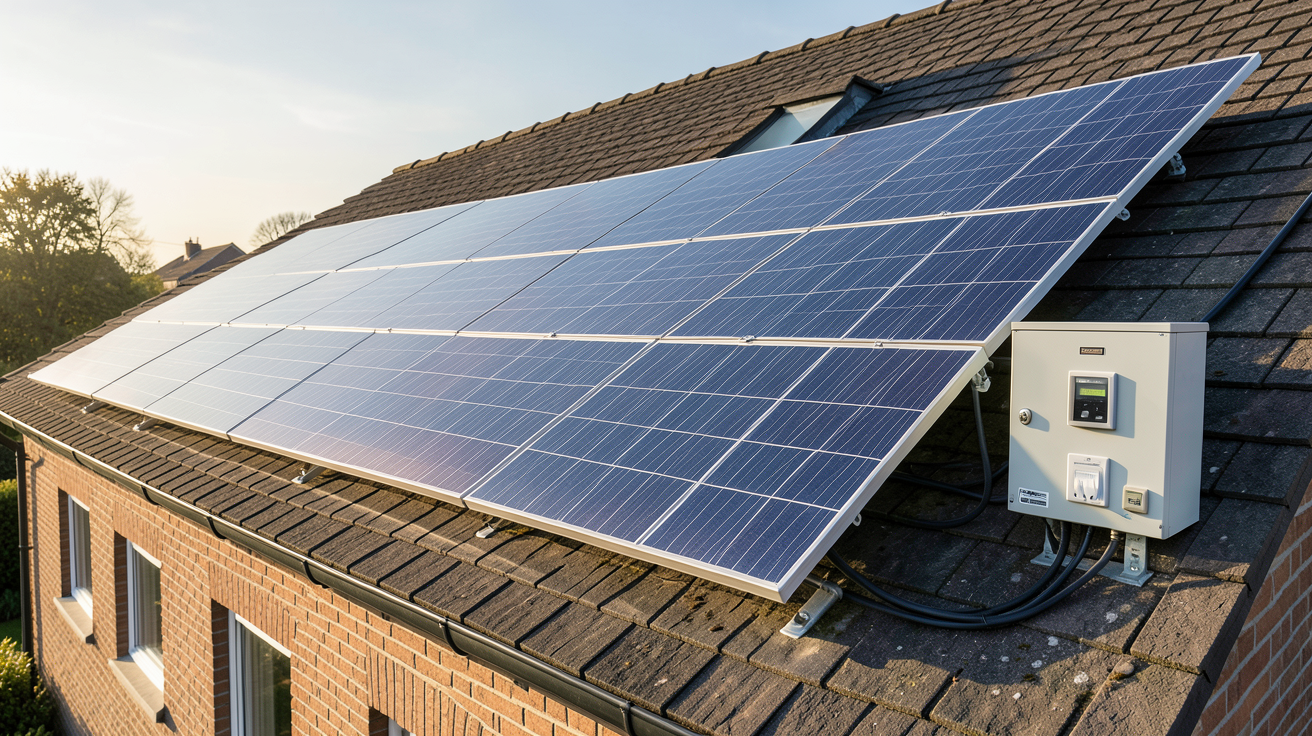 panneaux photovoltaïques de 6 kWc installés sur le toit d'une maison avec compteurs d'autoconsommation et de vente de surplus