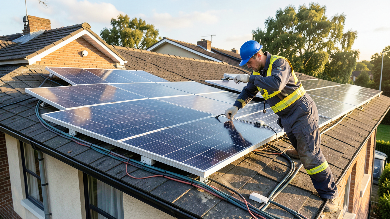 panneaux photovoltaïques sur toit de maison avec technicien vérifiant l'installation pour optimiser la rentabilité