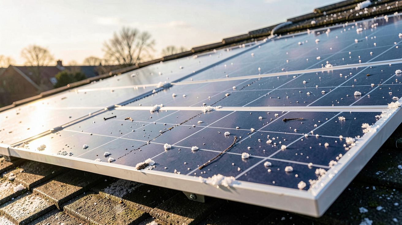 panneaux photovoltaïques résistants à la grêle avec traces de grêlons sur un toit