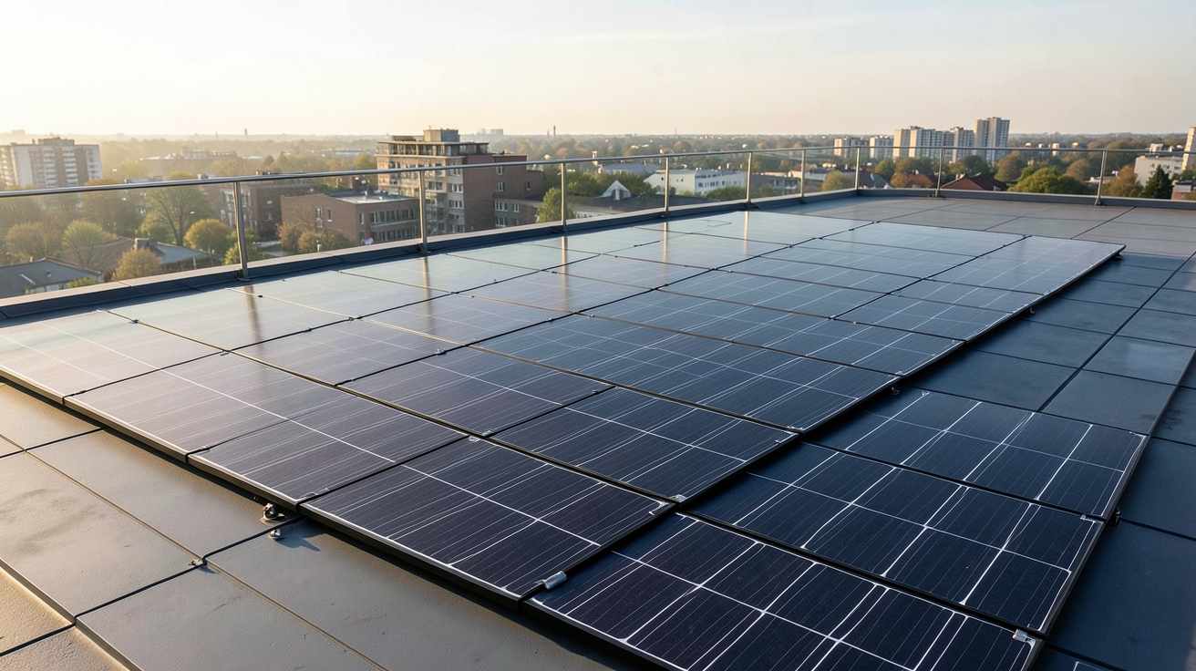 panneaux photovoltaïques souples installés sur une toiture terrasse en rénovation