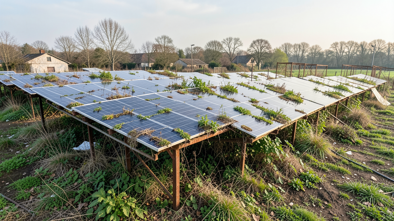 panneaux photovoltaïques systovi abandonnés, montrant la cessation d’activité en avril 2024, avec des panneaux recouverts de végétation et des structures rouillées