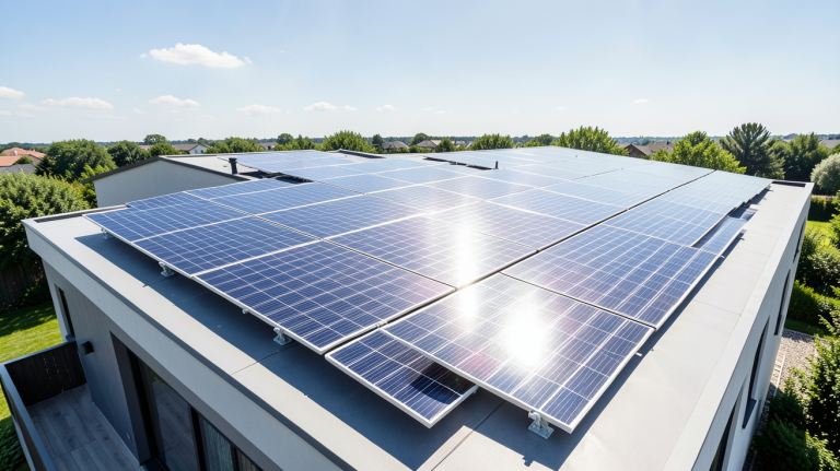 panneaux photovoltaïques installés sur le toit d'une maison moderne sous un ciel bleu