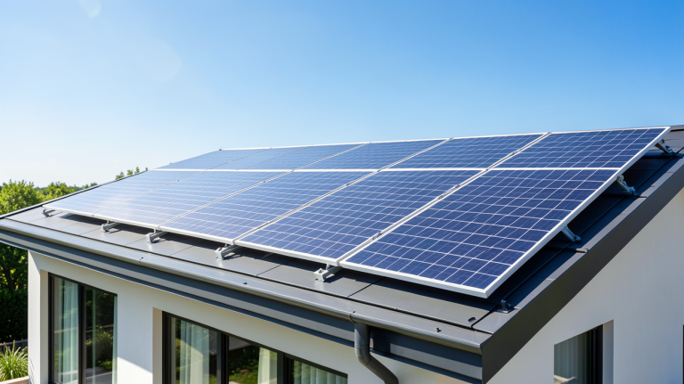 panneaux photovoltaiques triphasé installés sur le toit d'une résidence moderne sous un soleil brillant