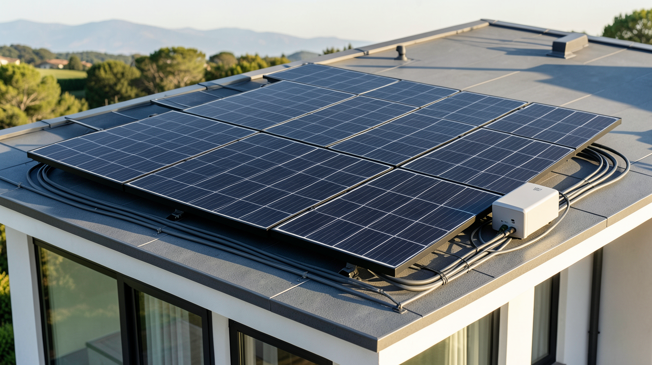panneaux photovoltaiques triphasé d'un kit solaire clé en main installé sur le toit d'une maison moderne