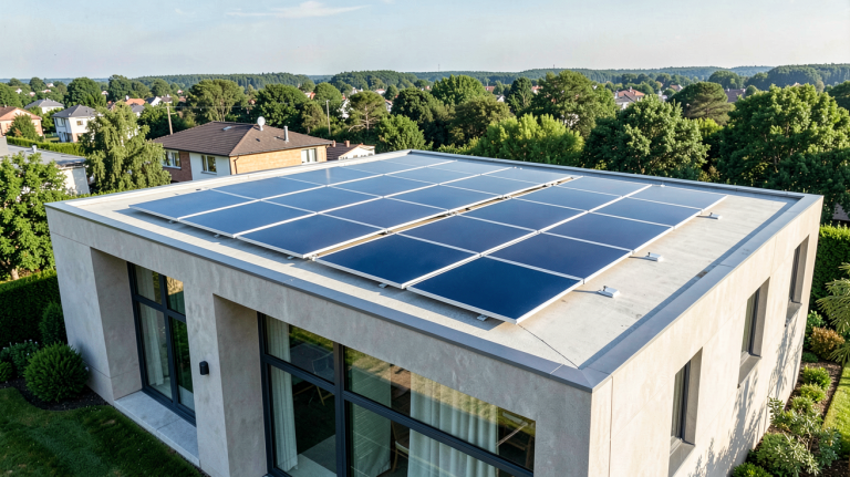 panneaux plug and play installés sur le toit d’une maison contemporaine