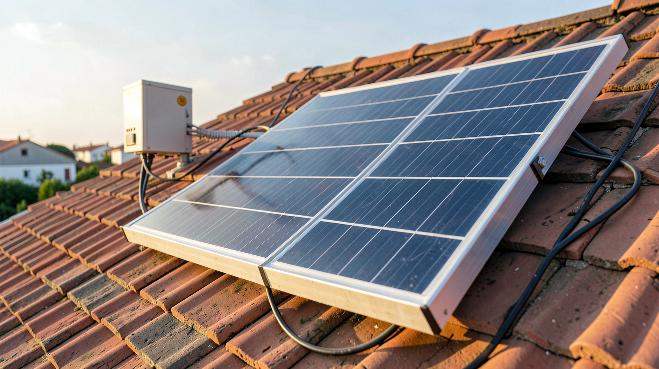 panneaux solaire 12v 300w installés sur un toit en tuiles rouges avec câblage organisé