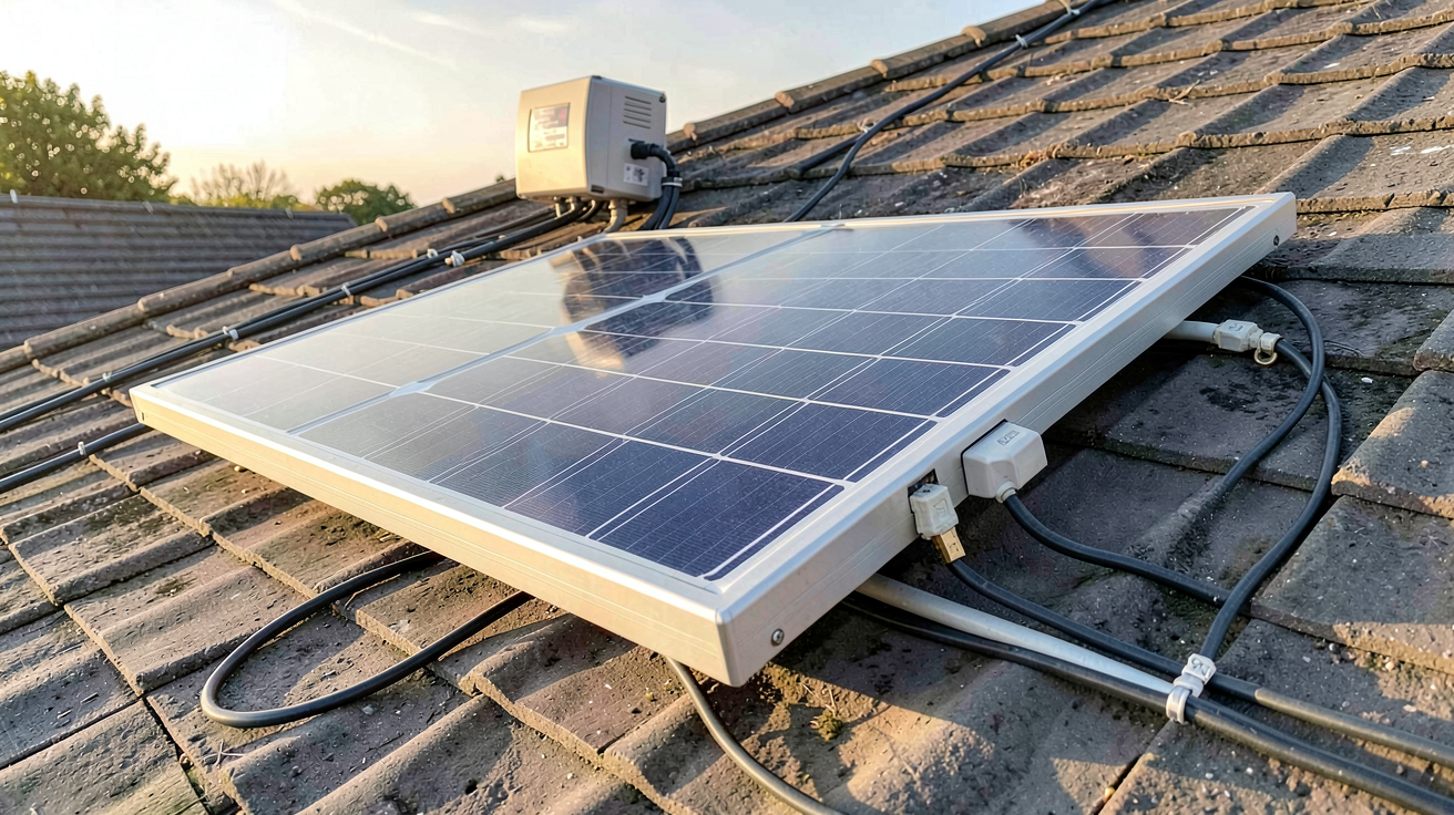 panneaux solaire 12v 300w installés sur un toit avec câbles et boîtier de régulation
