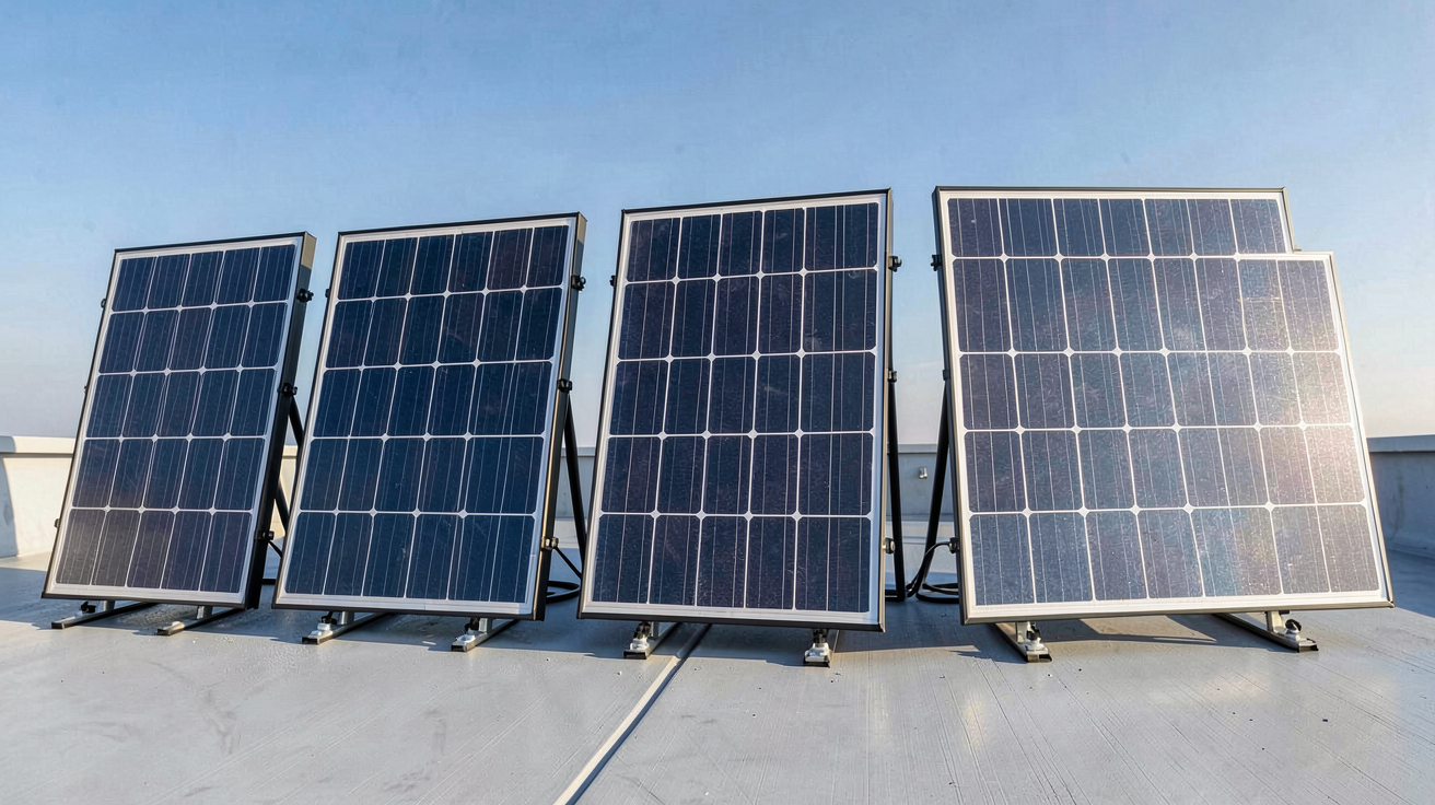 panneaux solaire 12V 300W disposés en ligne sur un toit plat pour un comparatif 2024