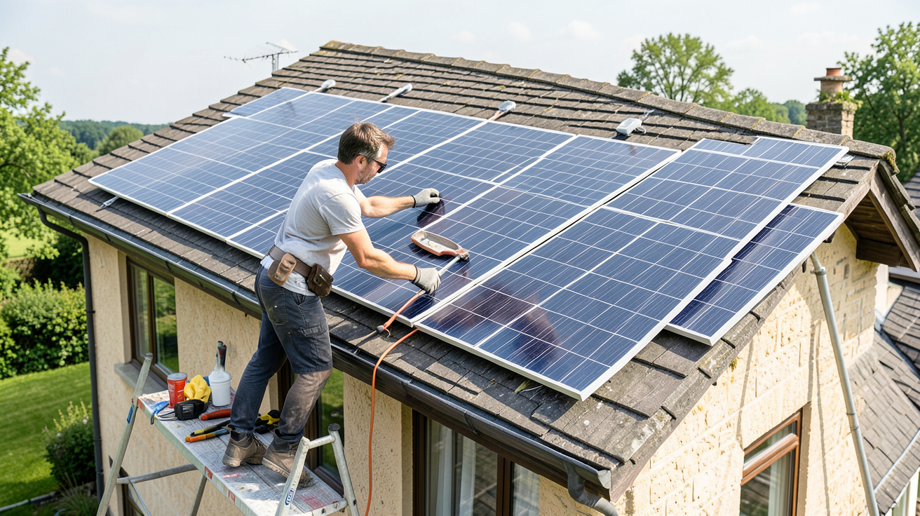 panneaux solaire a installer soi meme personne installant des panneaux solaires sur le toit d'une maison