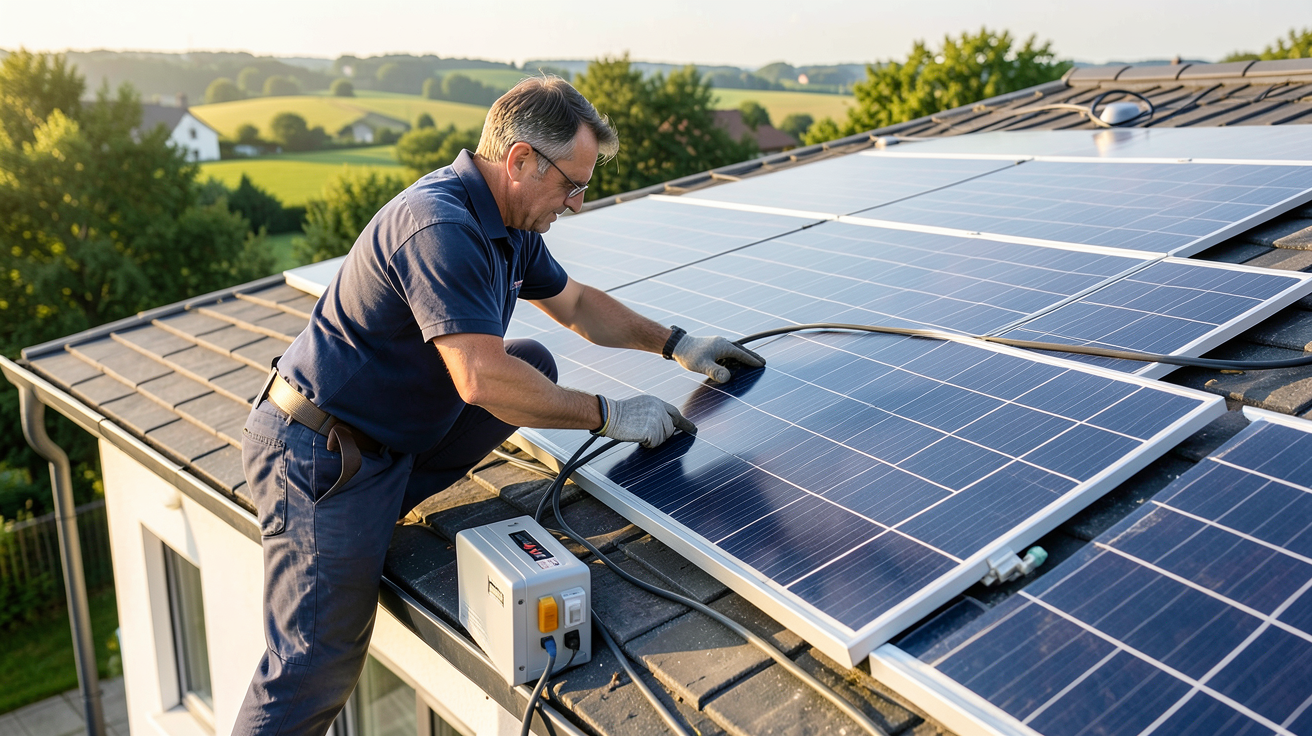 panneaux solaire avec batterie en 220v lors des étapes d'installation sur un toit résidentiel