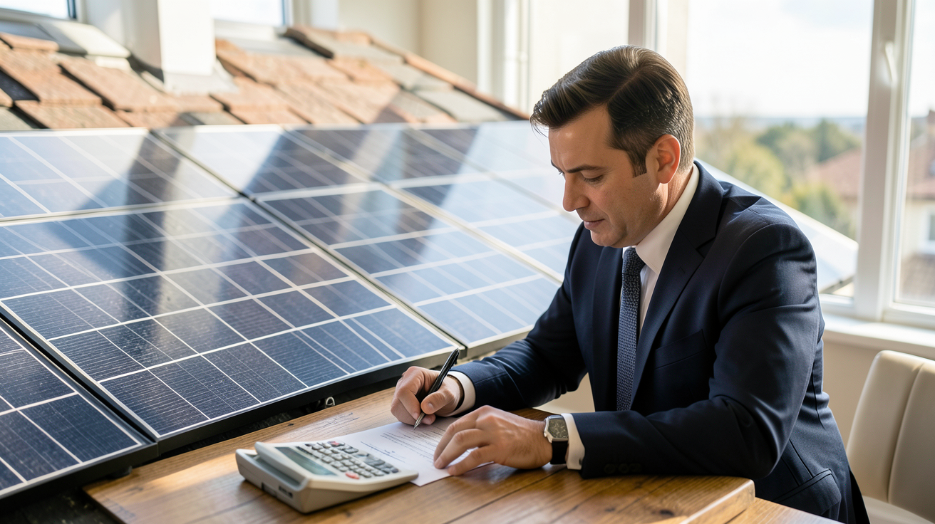 panneaux solaire sur le toit d'une maison avec calcul de rentabilité et analyse de documents