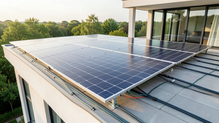 panneaux solaire en serie ou parallele installés sur le toit d'une maison avec un schéma de câblage en série et parallèle visible