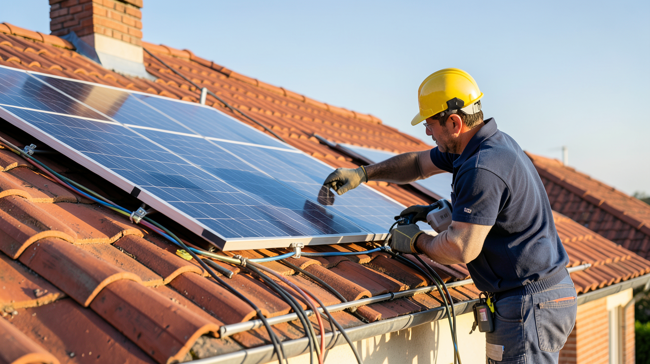 panneaux solaire installation système photovoltaïque sur toit de maison individuelle