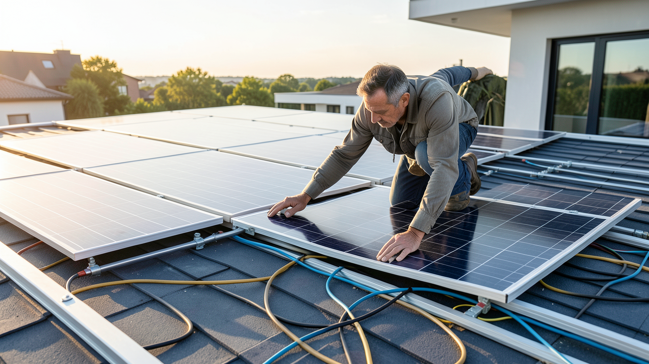panneaux solaire hybride en cours d'installation sur un toit résidentiel moderne en 2025