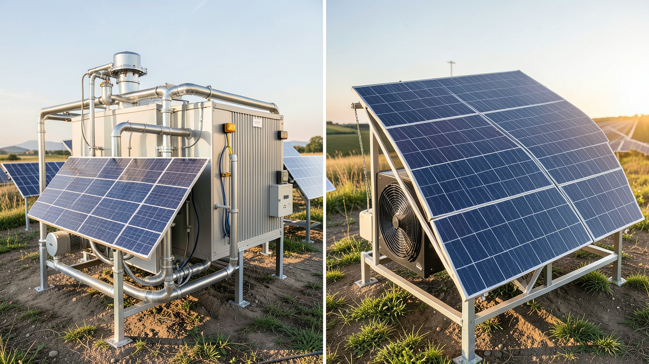 panneaux solaire hybride comparant technologie hydraulique à gauche et aérovoltaïque à droite