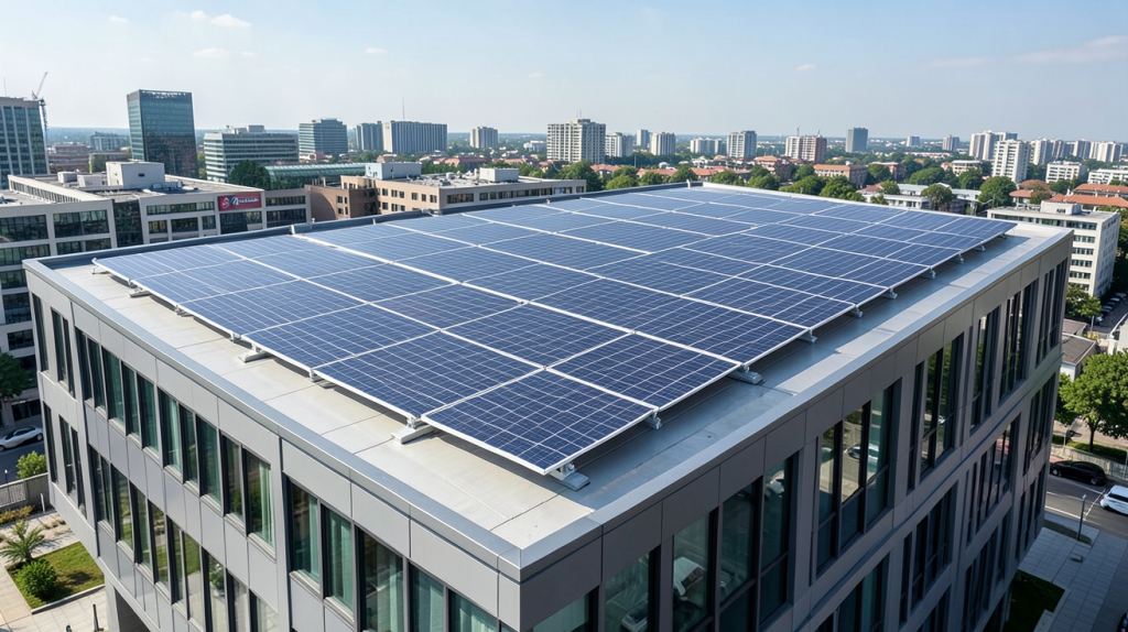 panneaux solaire hybride installés sur le toit d'un bâtiment commercial moderne, capturés sous lumière naturelle avec un rendu professionnel ultra réaliste.