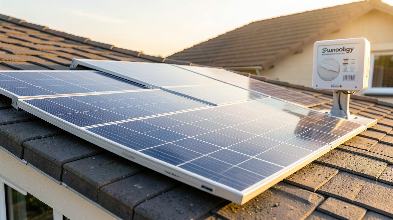 panneaux solaire Sunology installés sur un toit de maison avec un compteur électrique affichant des économies
