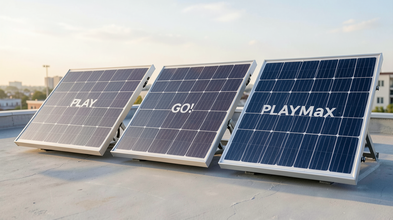 panneaux solaire Sunology présentant la gamme PLAY, GO! et PLAYMax installés sur un toit