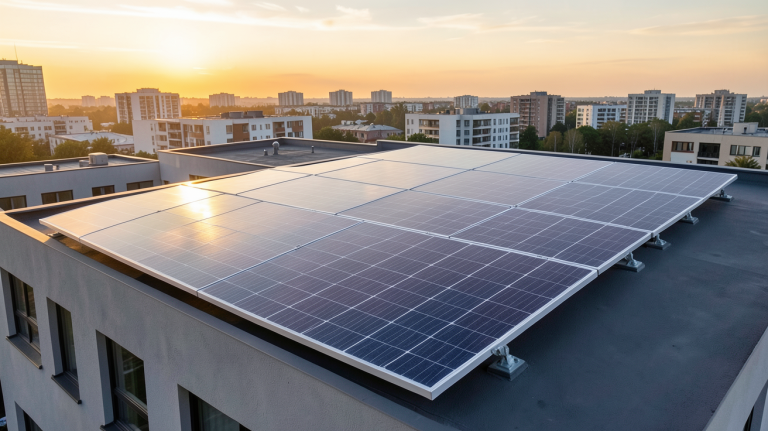 panneaux solaire Sunology installés sur le toit d'une maison urbaine moderne