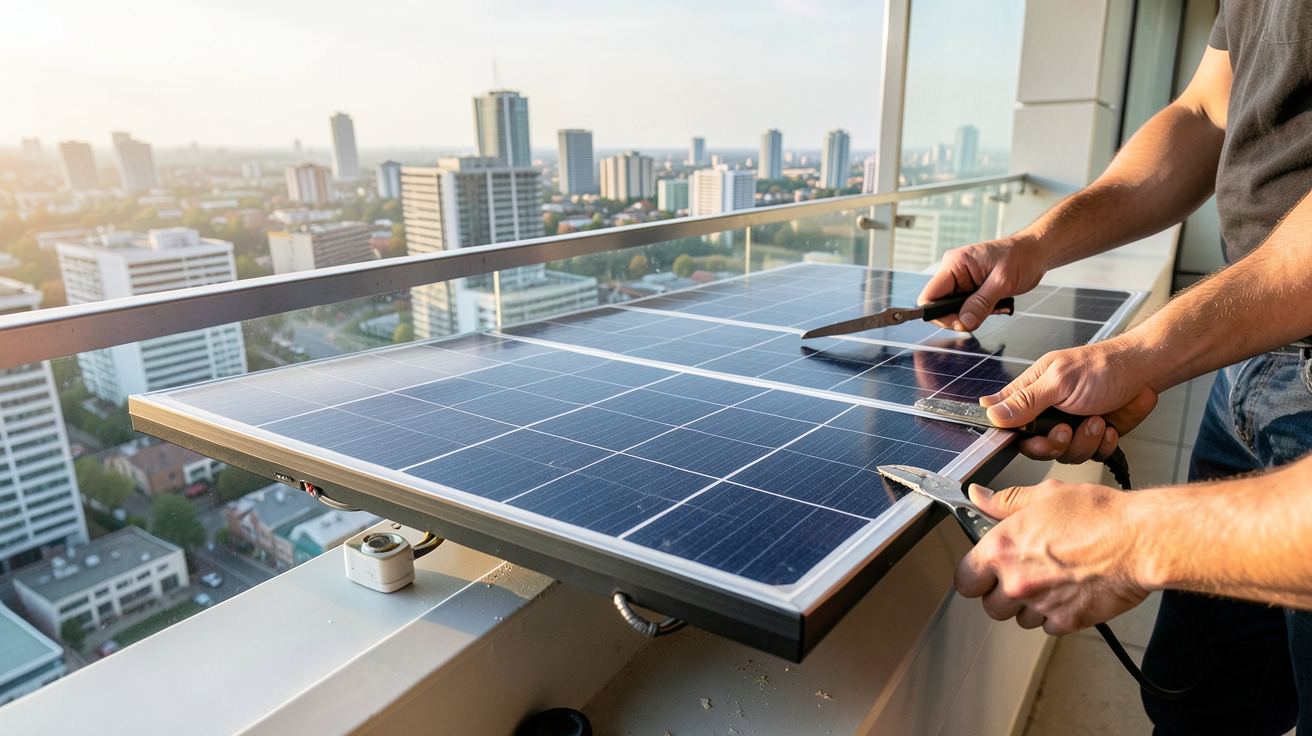 panneaux solaire Sunology en cours d'installation rapide sur un balcon urbain
