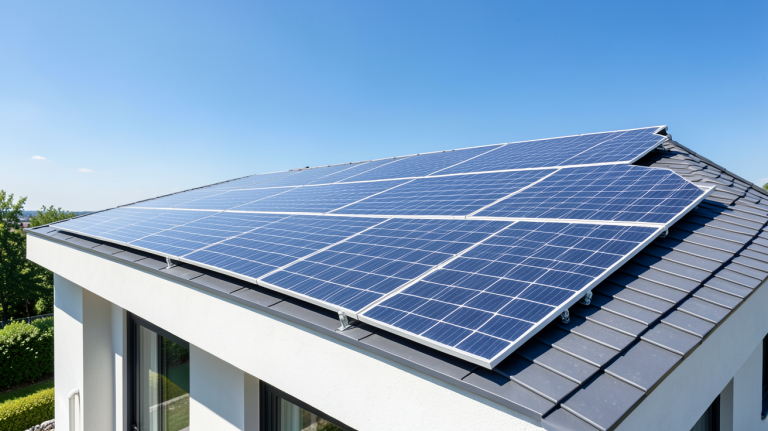 panneaux solaire installés sur le toit d'une maison moderne sous un ciel bleu dégagé