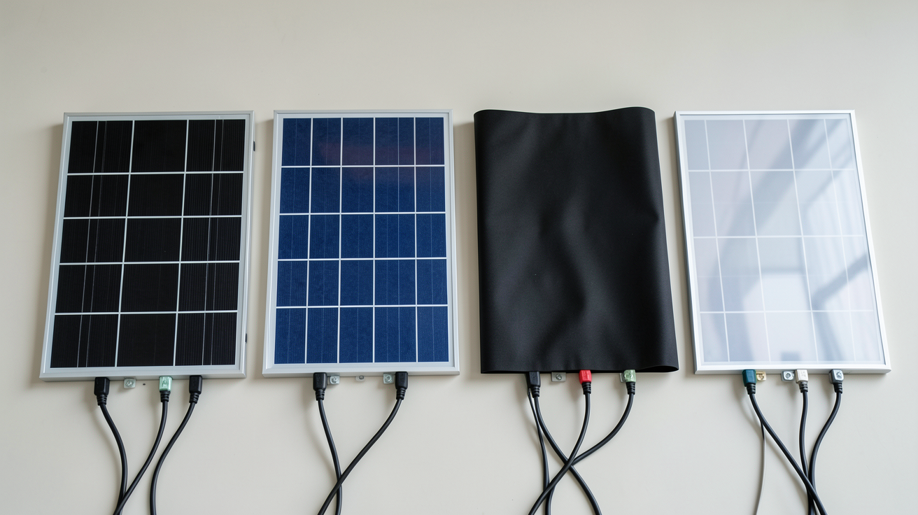 panneaux solaires 12V montrant les différents types : rigide monocristallin, rigide polycristallin, souple flexible et souple translucide
