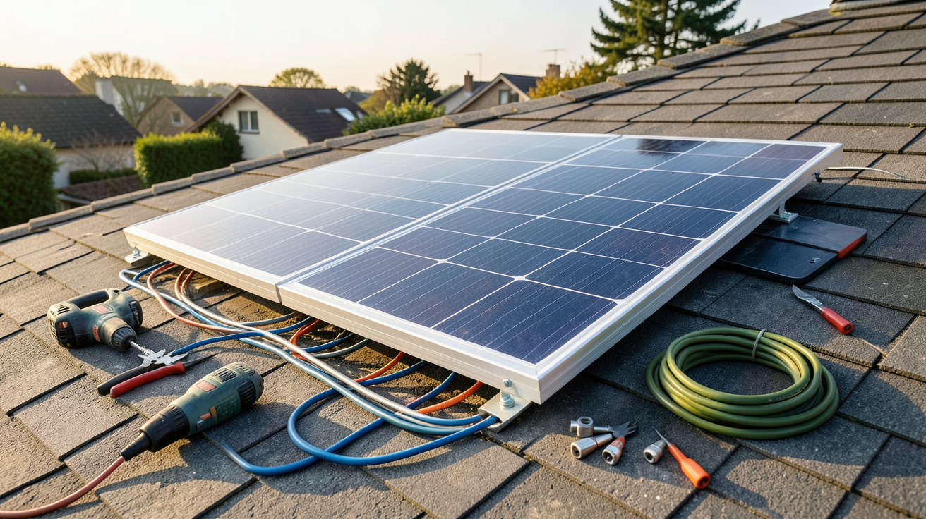 panneaux solaires 12V en cours d'installation sur un toit résidentiel avec outils professionnels