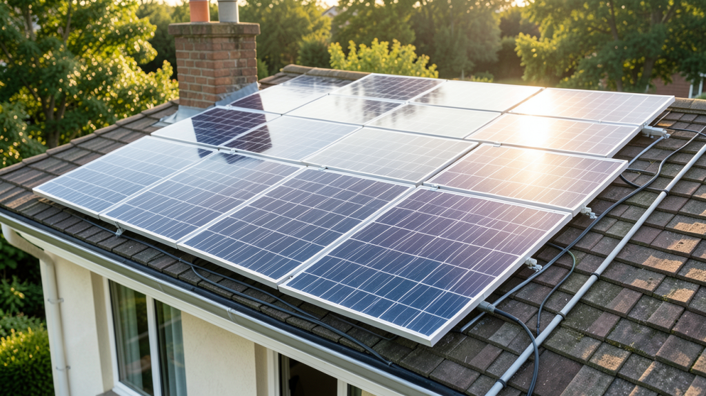 panneaux solaires 12V installés sur le toit d'une maison individuelle