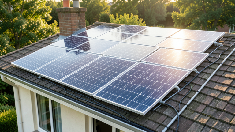 panneaux solaires 12V installés sur le toit d'une maison individuelle