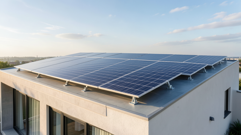 panneaux solaires 2022 installés sur le toit d'une maison contemporaine