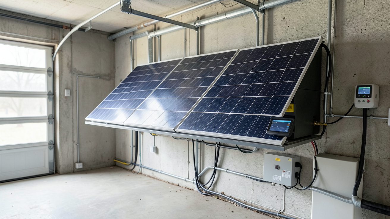 panneaux solaires avec batterie de stockage installation domestique montrant un système de stockage lithium-ion dans un garage