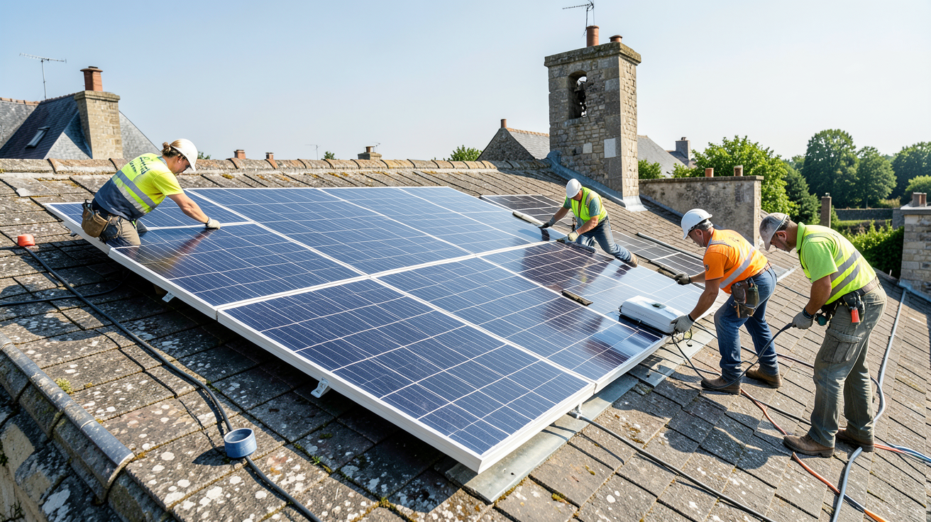 panneaux solaires avec batterie de stockage installation sur un toit en France, techniciens posant les panneaux et la batterie, respect des normes 2024