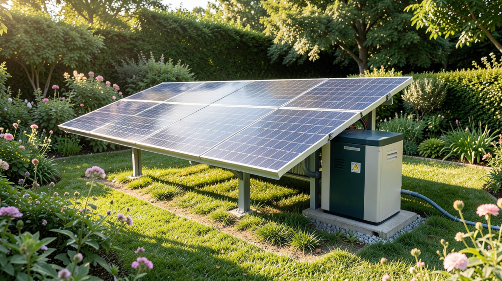 panneaux solaires avec batterie de stockage installés dans un jardin de maison moderne