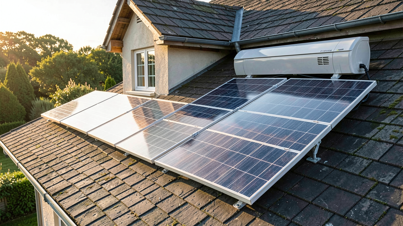 panneaux solaires avec batterie domestique installation d’un kit solaire complet, panneaux photovoltaïques sur le toit, batterie domestique visible, environnement lumineux et réaliste