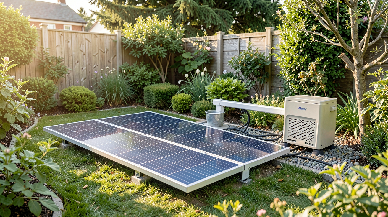 panneaux solaires avec batterie domestique d'un kit solaire complet installé dans un jardin résidentiel