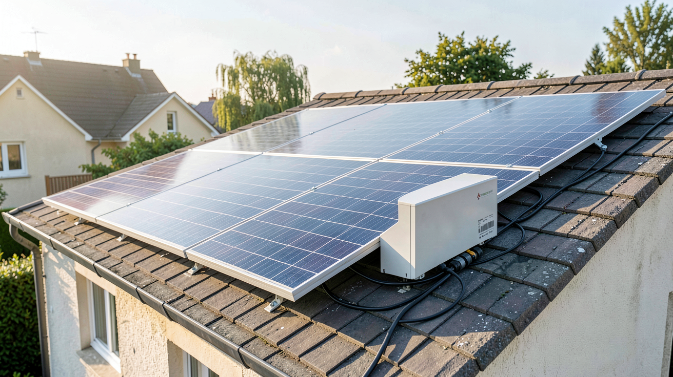 panneaux solaires avec batterie domestique installés sur le toit d'une maison individuelle