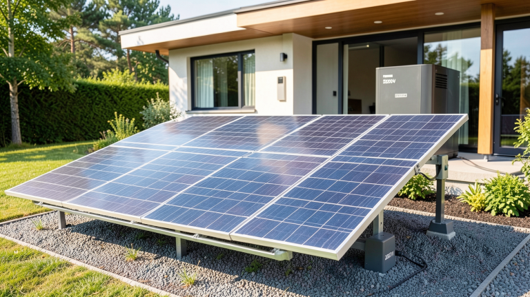 panneaux solaires avec batterie en 220v installés à l'extérieur d'une maison moderne