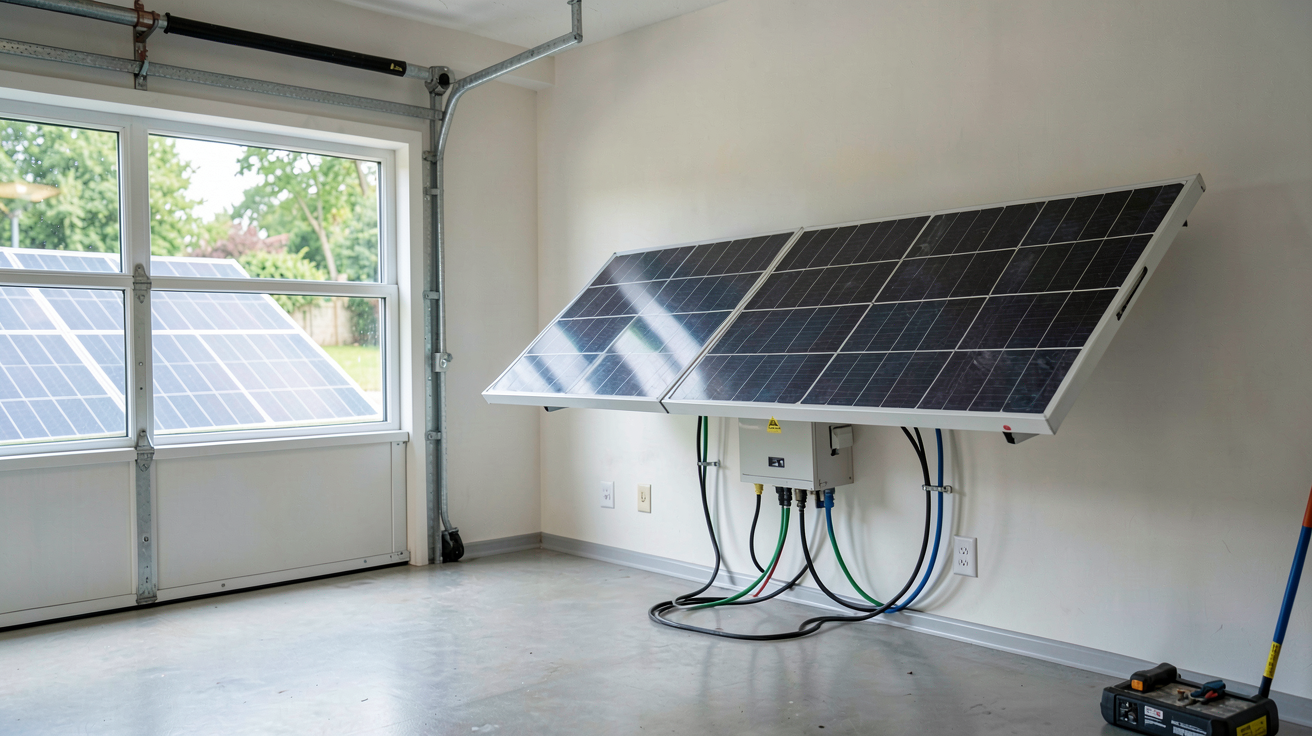 panneaux solaires batterie domestique : installation d'une batterie solaire dans un garage avec des panneaux solaires en arrière-plan