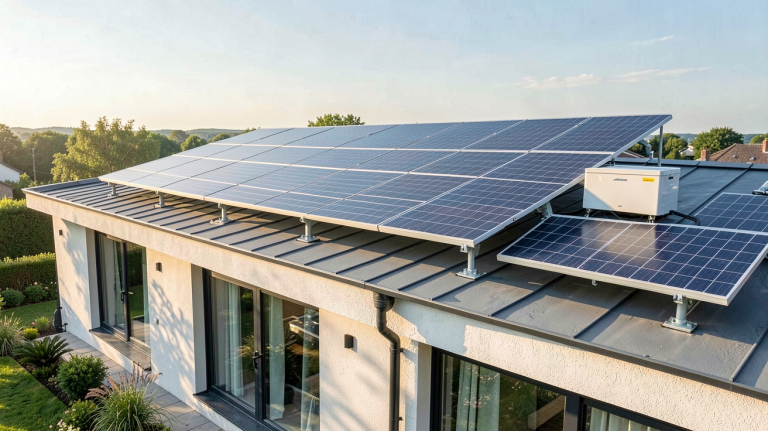 panneaux solaires batterie domestique installés sur le toit d'une maison moderne