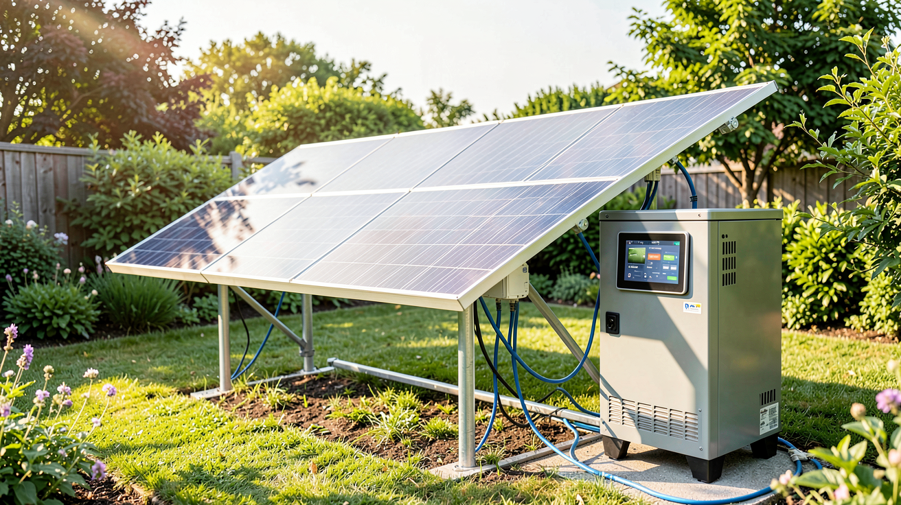 panneaux solaires batterie domestique installée dans un jardin de maison moderne avec onduleur et écran de monitoring