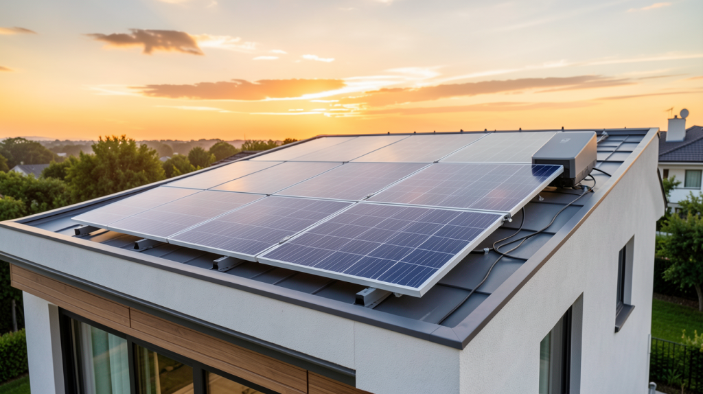 panneaux solaires batterie installés sur le toit d'une maison moderne avec lumière naturelle