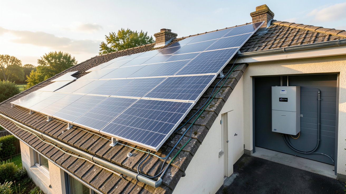 panneaux solaires batterie lithium-ion installée sur une maison avec batterie de stockage dans un garage