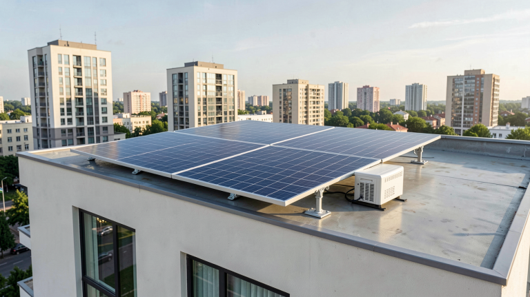 panneaux solaires et batterie de stockage installés sur le toit d'une maison urbaine moderne