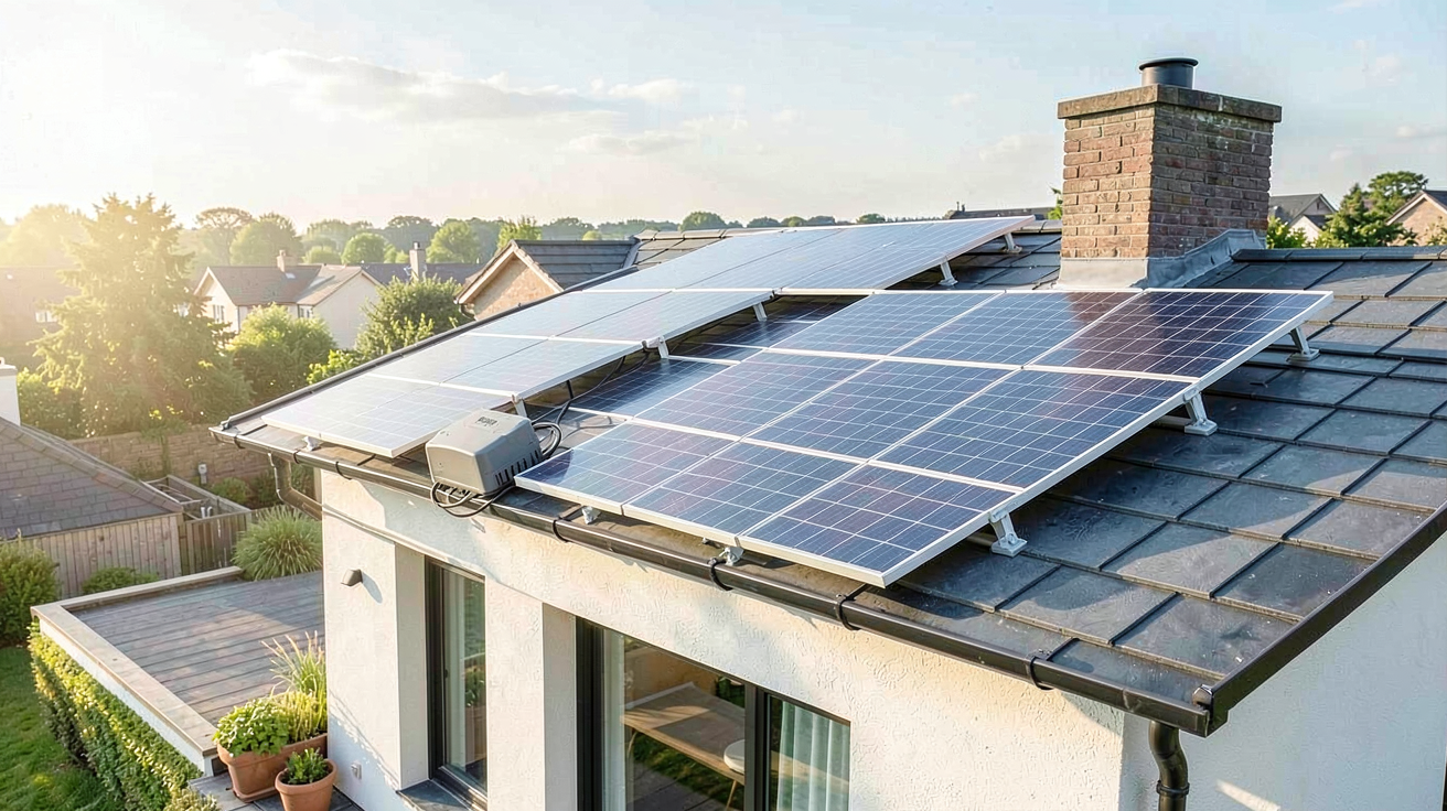 panneaux solaires et batterie de stockage d'un kit solaire installé sur un toit de maison moderne