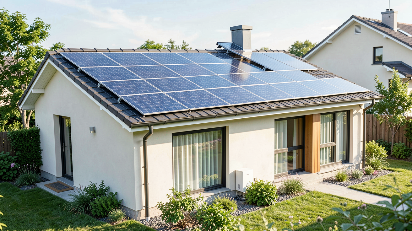 panneaux solaires et batterie de stockage domestique installés sur une maison moderne